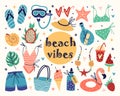 Beach vacation accessories vector icons set. Flat cartoon sea holiday elements - swimsuit, diving mask, rubber ring, ice cream Royalty Free Stock Photo