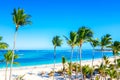 Beach vacation. Aerial drone view of tropical white sandy Bavaro beach in Punta Cana, Dominican Republic. Amazing landscape with Royalty Free Stock Photo