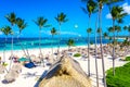 Beach vacation. Aerial drone view of tropical white sandy Bavaro beach in Punta Cana, Dominican Republic. Amazing landscape with Royalty Free Stock Photo