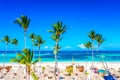 Beach vacation. Aerial drone view of tropical white sandy Bavaro beach in Punta Cana, Dominican Republic. Amazing landscape with Royalty Free Stock Photo