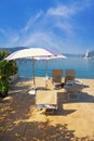 Beach vacation. Beautiful Mediterranean landscape on sunny autumn day. Montenegro, Bay of Kotor, Tivat city Royalty Free Stock Photo