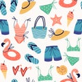 Beach vacation clothes and accessories seamless vector pattern. Sea holiday attributes - swimsuit, swimming trunks, flip flops Royalty Free Stock Photo