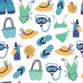 Beach vacation clothes and accessories seamless vector pattern. Sea holiday attributes - swimsuit, swimming trunks, slippers Royalty Free Stock Photo