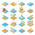 Beach Vacation Collection with Bungalow, Boat, Palm Trees and Tropical Elements. Isometric flat 3d illustration Royalty Free Stock Photo