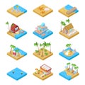 Beach Vacation Collection with Bungalow, Boat and Palm Trees. Tropical Resort. Isometric flat 3d illustration Royalty Free Stock Photo