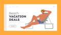 Beach Vacation Deals Landing Page Template. Young Man Lounging on Chaise Lounge on Sea Beach or Poolside at Summer Time