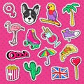 Beach Vacation Doodle. Young Woman Lifestyle Stickers, Badges and Patches with Flamingo Bird and Cocktail