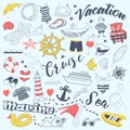 Beach Vacation Freehand Doodles with Cruise Elements. Summer Adventure Hand Drawn Set Royalty Free Stock Photo