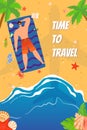 Beach vacation holiday at sea, tropical summer sunbathing vector illustration. Time to travel, people at summer sand Royalty Free Stock Photo