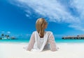Beach vacation. Hot beautiful woman enjoying looking view of beach ocean Royalty Free Stock Photo