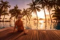 beach vacation in luxury hotel, tropical holidays in luxurious resort, woman near swimming pool Royalty Free Stock Photo