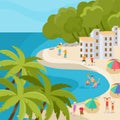 Beach vacation and people activity at seaside hotel vector illustration.