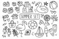 Beach vacation sea line drawings elements. Summer doodle outline sketch. Royalty Free Stock Photo