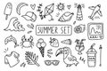 Beach vacation sea line drawings elements. Summer doodle outline sketch. Royalty Free Stock Photo