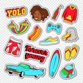 Beach Vacation Stickers with Surf Board. Teenager Lifestyle Doodle