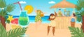 Beach vacation at summer sea, vector illustration, tiny man woman character at tropical bar, fruit cocktail glass near Royalty Free Stock Photo