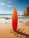 Beach vacation with a surfboard resting in the golden sand, against the backdrop of the sea and rugged rocks