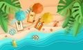 Beach vacation Tiny people sunbathe on tropical beach Papercut Top view background Royalty Free Stock Photo