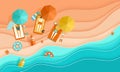 Beach vacation Tiny people sunbathe on a tropical beach Top view background Royalty Free Stock Photo