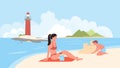 Beach vacation, cartoon happy family vacationer people spend weekend time on sea beach island