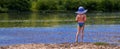 Beach vacation, young girl relaxing. Banner with copy space. Travel, holiday, panorama concept. Horizontal image Royalty Free Stock Photo