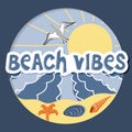 Beach vibes. Hand drawn vector illustration with sun, sea waves,seagull, starfish and seashell Royalty Free Stock Photo