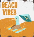 Beach vibes. Vector hand drawn illustration of duck with woman`s legs isolated.