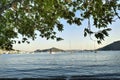 Beach view in Fethiye, Turkey, Beautiful beach scene and fishing boat Royalty Free Stock Photo