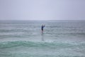 Beach view with professional Standup Paddleboarding doing extreme maneuvers in sea with waves