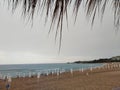 Beach view. Rainy day. Summer storm. Blurred.