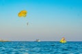 beach view from the sea with bathers and recreational activities district of Ayia Napa, close to the Mediterranean Sea, Summer