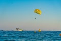 beach view from the sea with bathers and recreational activities district of Ayia Napa, close to the Mediterranean Sea, Summer