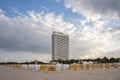 Beach with view toward the hotel Maritim in TravemÃÂ¼nde Royalty Free Stock Photo