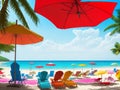 The beach view transforms into a lively and inviting scene as colorful umbrellas and chairs dot the sandy shore, inviting visitors Royalty Free Stock Photo