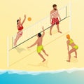 Beach volley ball player jumps on the net and tries to blocks the ball. Summer active holiday concept. Vector isometric