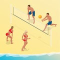 Beach volley ball player jumps on the net and tries to blocks the ball. Summer active holiday concept. Vector isometric