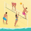 Beach volley ball player jumps on the net and tries to blocks the ball. Summer active holiday concept. Vector isometric