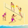 Beach volley ball player jumps on the net and tries to blocks the ball. Summer active holiday concept. Vector isometric Royalty Free Stock Photo