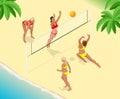 Beach volley ball player jumps on the net and tries to blocks the ball. Summer active holiday concept. Vector isometric