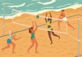 Beach volleyball female players in action vector poster. Women volleyball team play game in tournament on a beach. Girl Royalty Free Stock Photo