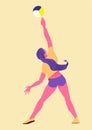 Beach volleyball. Girl in bikini returns a ball one hand. Vector illustration. Royalty Free Stock Photo