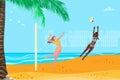 Beach volleyball. Group of young girls playing ball. Sport team. Summertime. Net. Palm tree. Royalty Free Stock Photo