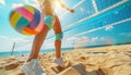 Beach volleyball player s agile block at net, epitomizing summer olympic sport precision Royalty Free Stock Photo