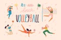 Beach volleyball players in dynamic poses in different roles. Volleyball banner concept for professional, amateur school