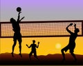 Beach volleyball players at sunset - silhouette Royalty Free Stock Photo