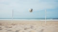 Beach volleyball. Surreal mood. Big ball flying over the net on empty sand beach by the sea. Coastal landscape. Generative AI Royalty Free Stock Photo