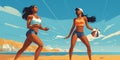 Beach volleyball, two women playing volleyball in the sand and summer sun. Fitness, diversity and sports on holiday in Brazil. Royalty Free Stock Photo