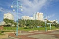 Beach walkway with skyline of Durban skyline, South Africa on the Indian Ocean