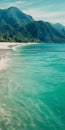 Vibrant Uhd Image Of A Dreamlike Beach With Green Water And Majestic Mountains