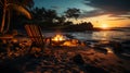 The beach is a warm evening, with the backlighting of palm trees, creating a cozy place for evenin